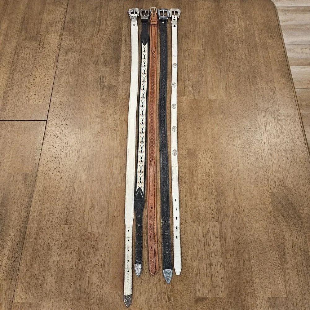 Lot Of 5 Vintage Leather Belt Boho Western Studded Beaded Belts Bundle